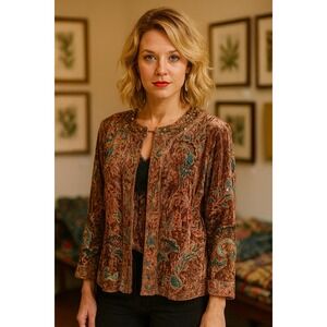 Boho Fairy Grunge Artsy Brown Crushed Velvet Embroidered Beaded Sequins L Jacket